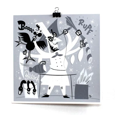 Siebdruckposter „Koch“, 30 × 30 cm, Serie „Berufe“, Grautöne, Hauptansicht, handsigniert, limitiert, Fiete Koch.