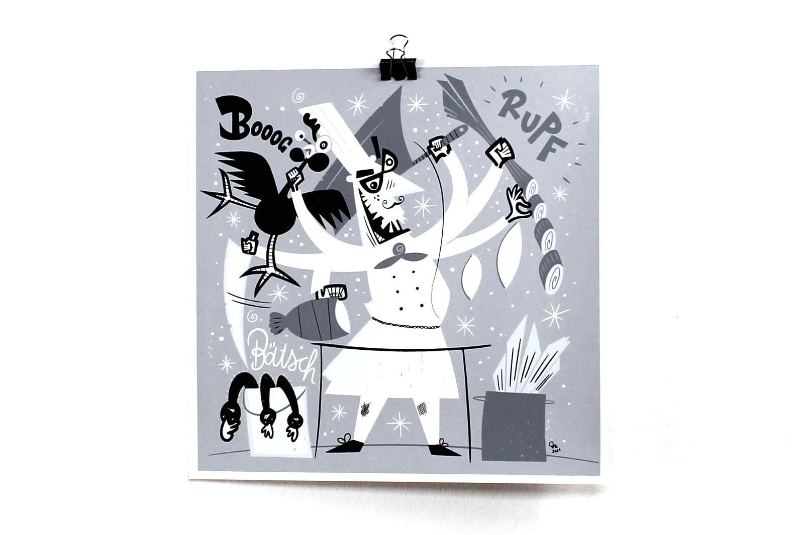 Siebdruckposter „Koch“, 30 × 30 cm, Serie „Berufe“, Grautöne, Hauptansicht, handsigniert, limitiert, Fiete Koch.