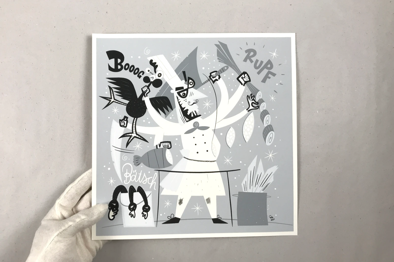 Siebdruckposter „Koch“, 30 × 30 cm, Serie „Berufe“, mit Hand zur Größenbestimmung, Grautöne, Fiete Koch.
