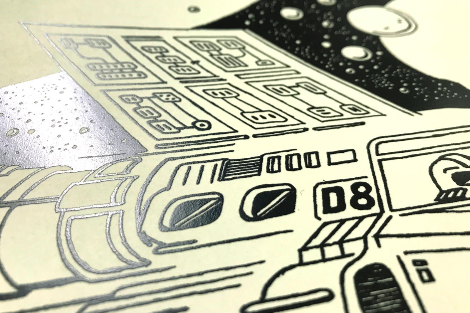 Nahaufnahme der Druckoberfläche von Teil 3, Papierstruktur und Druckdetails