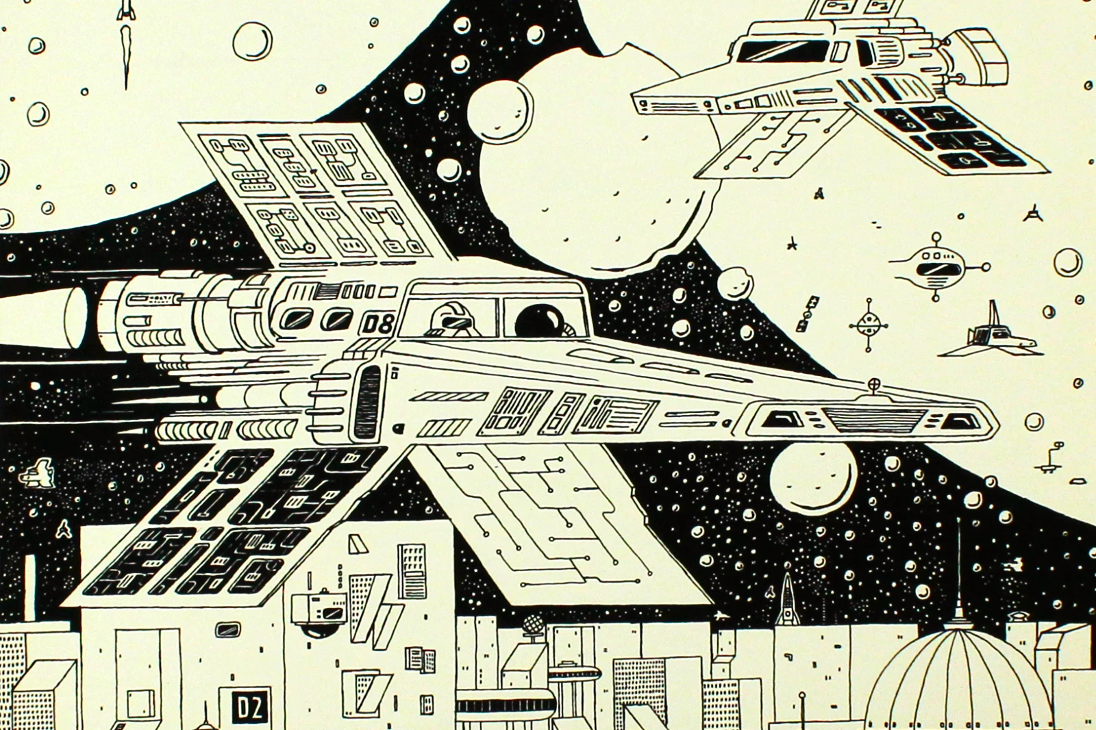 Detailaufnahme Krom City Poster Teil 3, Raumschiffe und Sterne