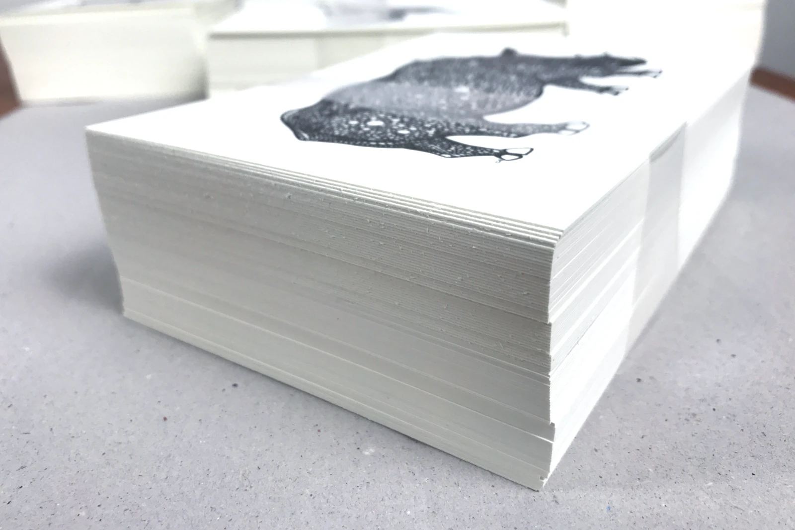 Postkarte „Nashorn“ im Stapel, Seitenansicht, 14,8 × 10,5 cm, Schwarz-Weiß, Serie „Bio“, Fiete Rakete.
