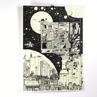 krom-city-poster-stadt-glow-in-the-dark Krom City Poster Teil 1 mit stilisierter Stadt bei Nacht, Schwarz-Weiß-Optik, Glow-in-the-dark Effekt, limitierte Edition