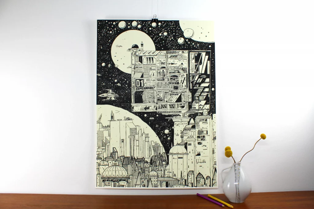 Krom City Poster Teil 1 an Wand montiert, stimmungsvolle Umgebung, limitierte Edition