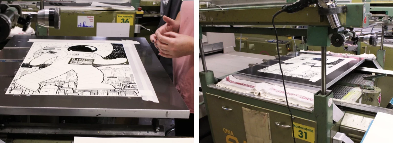 Poster wird zur Positionierung auf der Siebdruckmaschine aufgeklebt