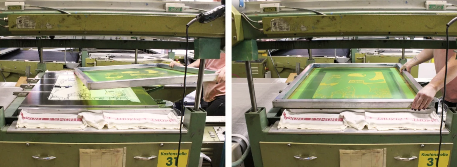 Sieb wird auf der Siebdruckmaschine von Fiete Rakete platziert