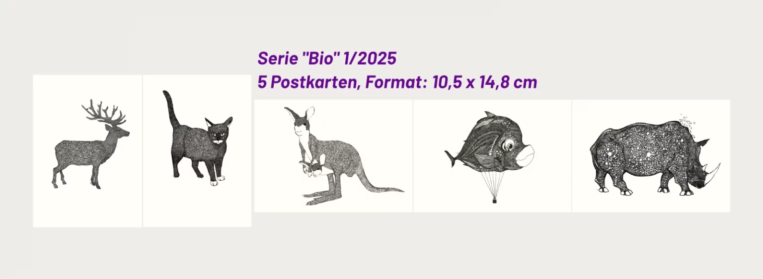 Fünf Postkarten der Serie „Bio“ von Fiete Rakete mit Name und Format auf einem Bild