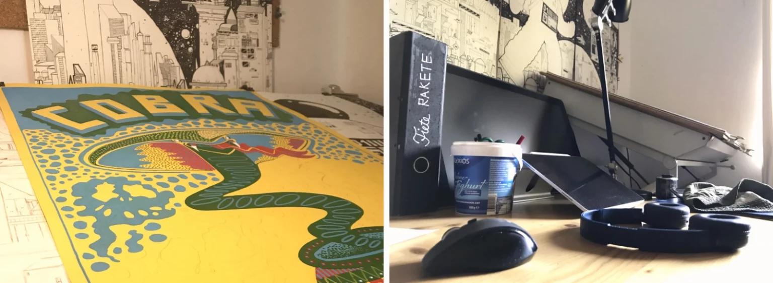 Links: neues Motiv auf dem Zeichentisch, rechts: Schreibtisch mit Maus, Tastatur und Kopfhörern – Einblick in den kreativen Prozess