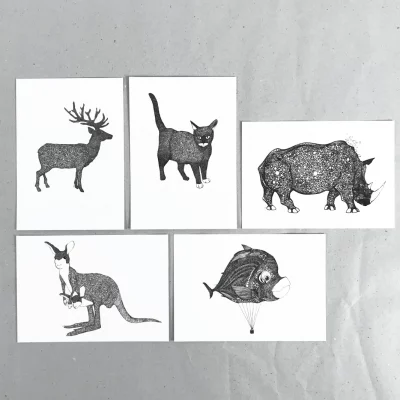 Postkartenset „Bio“ mit fünf Motiven, 14,8 × 10,5 cm, Schwarz-Weiß, Hauptansicht, Fiete Rakete.