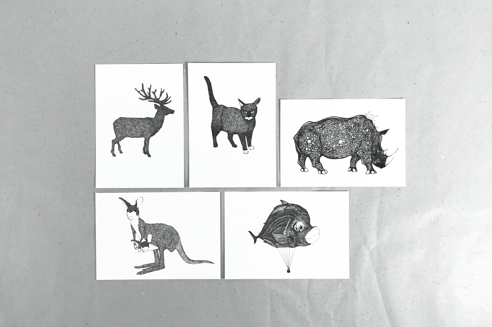 Postkartenset „Bio“ mit fünf Motiven, 14,8 × 10,5 cm, Schwarz-Weiß, Hauptansicht, Fiete Rakete.