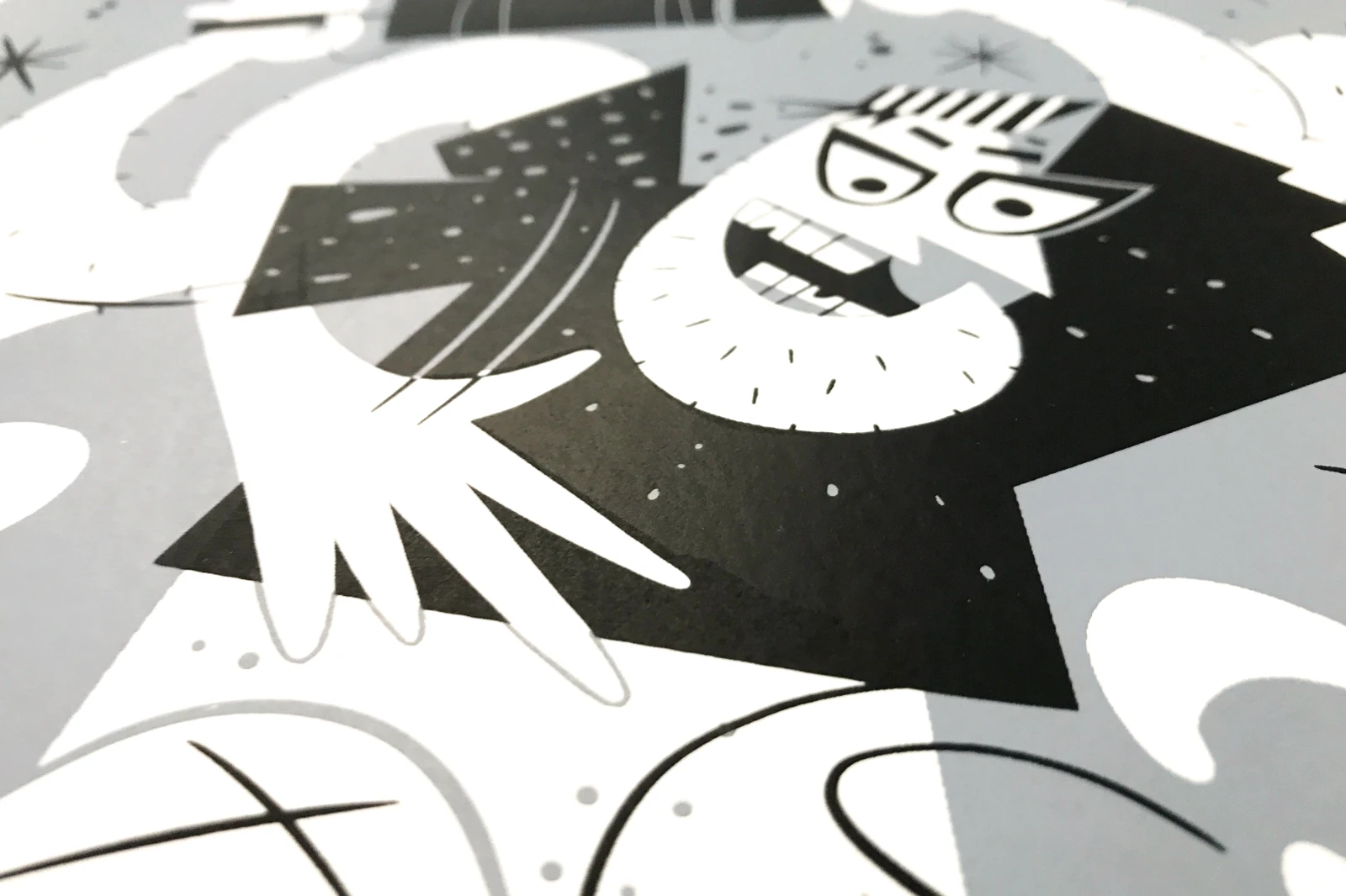 Detailansicht des Siebdruckposters „Der Bäcker“, Serie „Berufe“, Grauton und Schwarz, feine Linien, Fiete Koch.