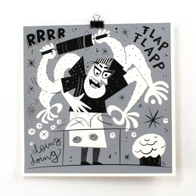 Siebdruckposter „Der Bäcker“, 30 × 30 cm, Serie „Berufe“, Grauton und Schwarz, Hauptansicht, handsigniert, limitiert, Fiete Koch.