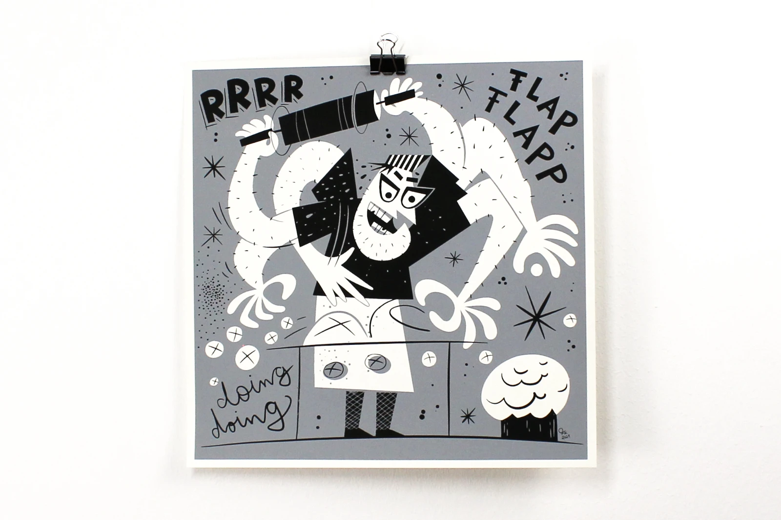 Siebdruckposter „Der Bäcker“, 30 × 30 cm, Serie „Berufe“, Grauton und Schwarz, Hauptansicht, handsigniert, limitiert, Fiete Koch.