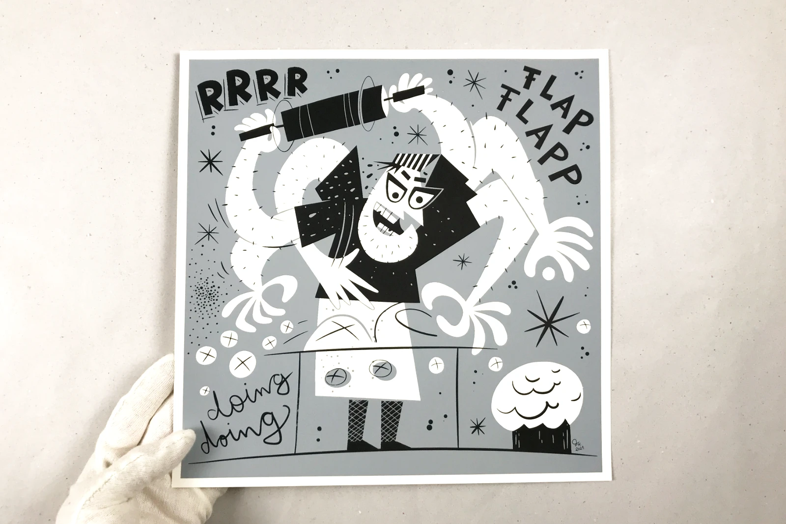 Siebdruckposter „Der Bäcker“, 30 × 30 cm, Serie „Berufe“, Grauton und Schwarz, mit Hand zur Größenbestimmung, Fiete Koch.