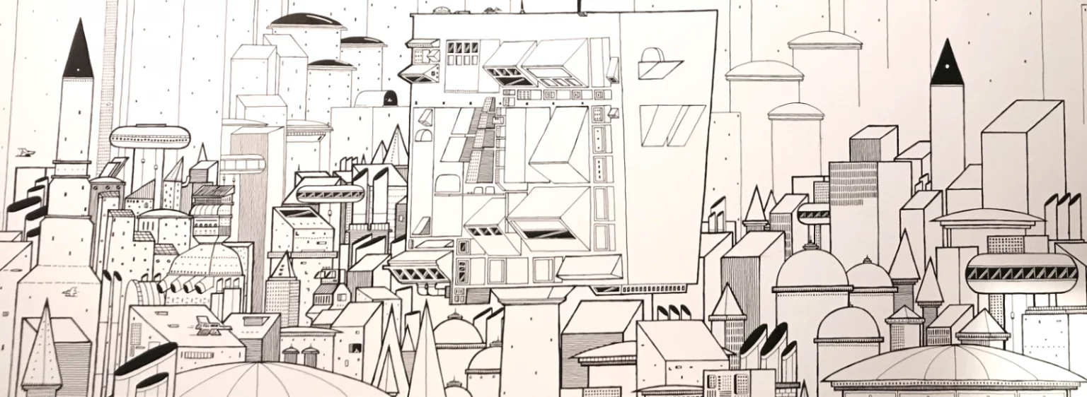 Acryl-Leinwand „Krom City“ von Fiete Rakete in Arbeit – Stadt im Weltraum, Raumschiffe und Astronauten in Schwarz-Weiß.