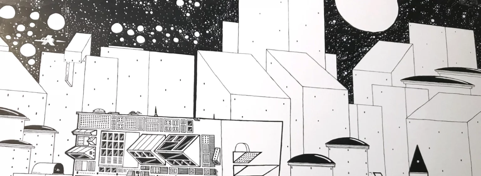 Seitlicher Ausschnitt der Acryl-Leinwand „Krom City“ – Textur und feine Linien sichtbar.