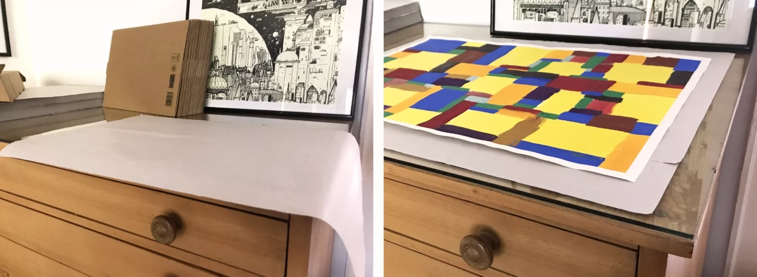 Poster auf Seidenpapier platziert, bereit zum Einschlagen und Versand aus dem Fiete Rakete Shop.