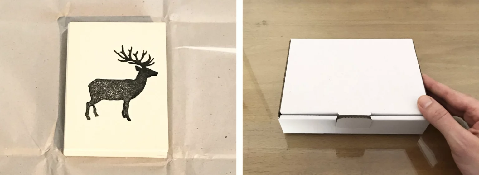 Postkarte auf Seidenpapier bereit zum Einschlagen und fertiger Karton – Versand aus dem Fiete Rakete Shop.