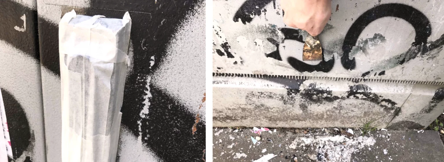 Links abgeklebter Stromkastenschluss, rechts Hand mit Spachtel beim Entfernen alter Farbreste.
