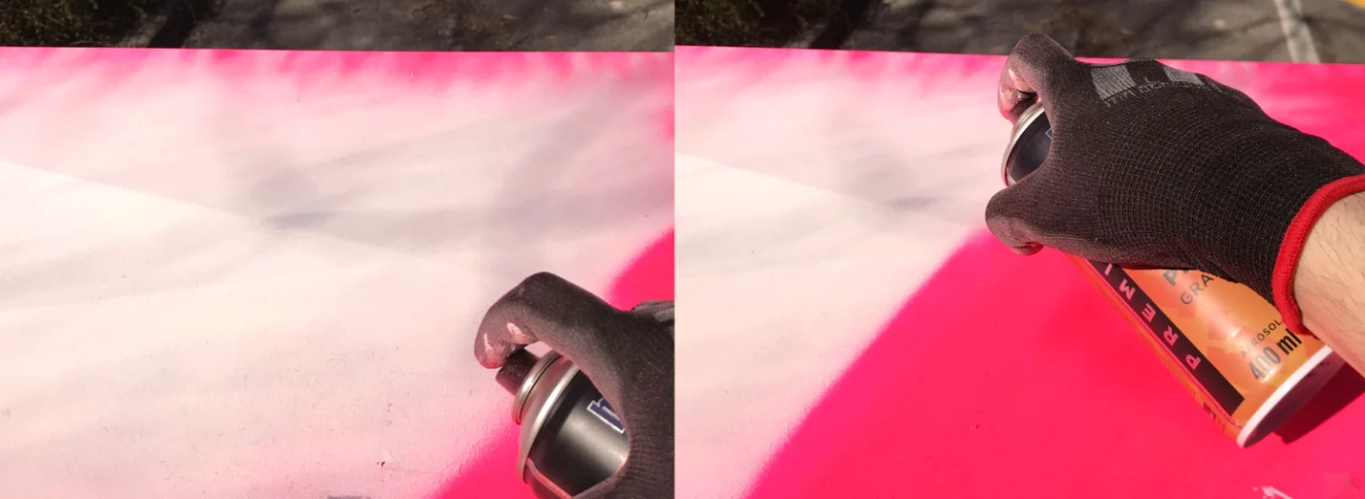 Hand mit Sprühdose beim Bemalen einer weißen Fläche, rechts die Fläche weiter ausgearbeitet.