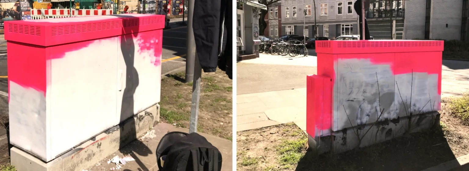 Stromkasten von vorne halb bemalt, rechts: Kasten von hinten halb bemalt.