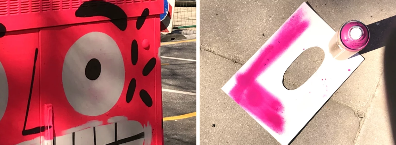 Links: Kanten mit Weiß ausgebessert, rechts: Schablone und Sprühdose.