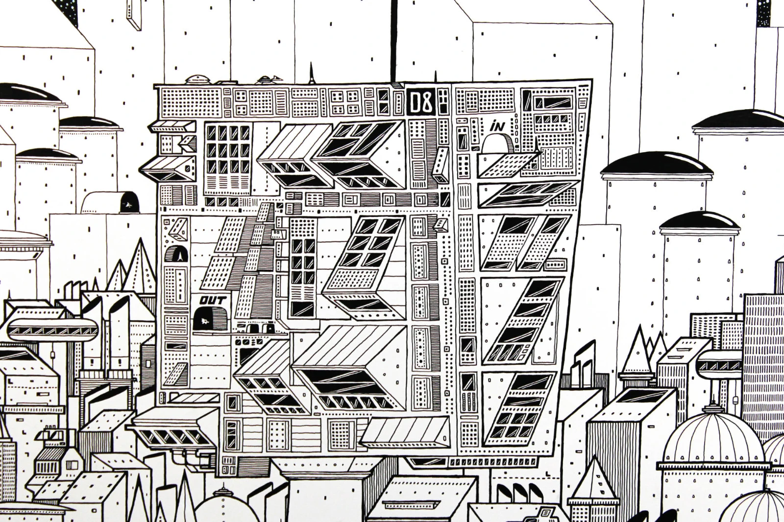 Leinwand „Krom City“, Detailaufnahme kleiner Raumschiffe, 1,5 × 1 m, Acryl und Fineliner, Schwarz-Weiß, Fiete Koch.