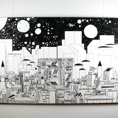 Leinwand „Krom City“, 1,5 × 1 m, Schwarz-Weiß, Acryl und Fineliner, Hauptansicht an der Wand, Fiete Koch.
