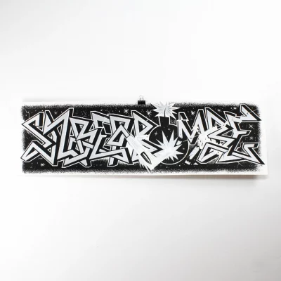 Handgedrucktes Siebdruckposter „Silberbombe“, 83 × 25 cm, Chrom und Schwarz, Hauptansicht, Fiete Koch.