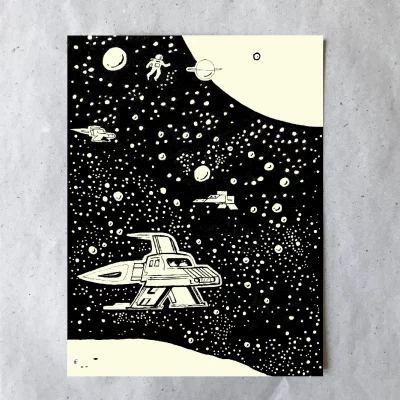 Postkarte-kromcity-105x148-fiete-rakete-002 Krom City Postkarte 10,5x14,8 cm, drei Raumschiffe und ein Astronaut am Sternenhimmel, Glow-in-the-dark Effekt, Tagesansicht, limitierte Edition