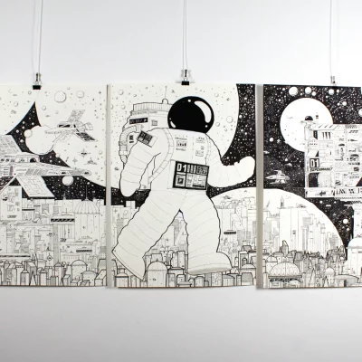 Set von drei Originalpostern Krom City 1–3, je 50 × 70 cm, Schwarz-Weiß-Fineliner, Hauptansicht, Fiete Rakete.