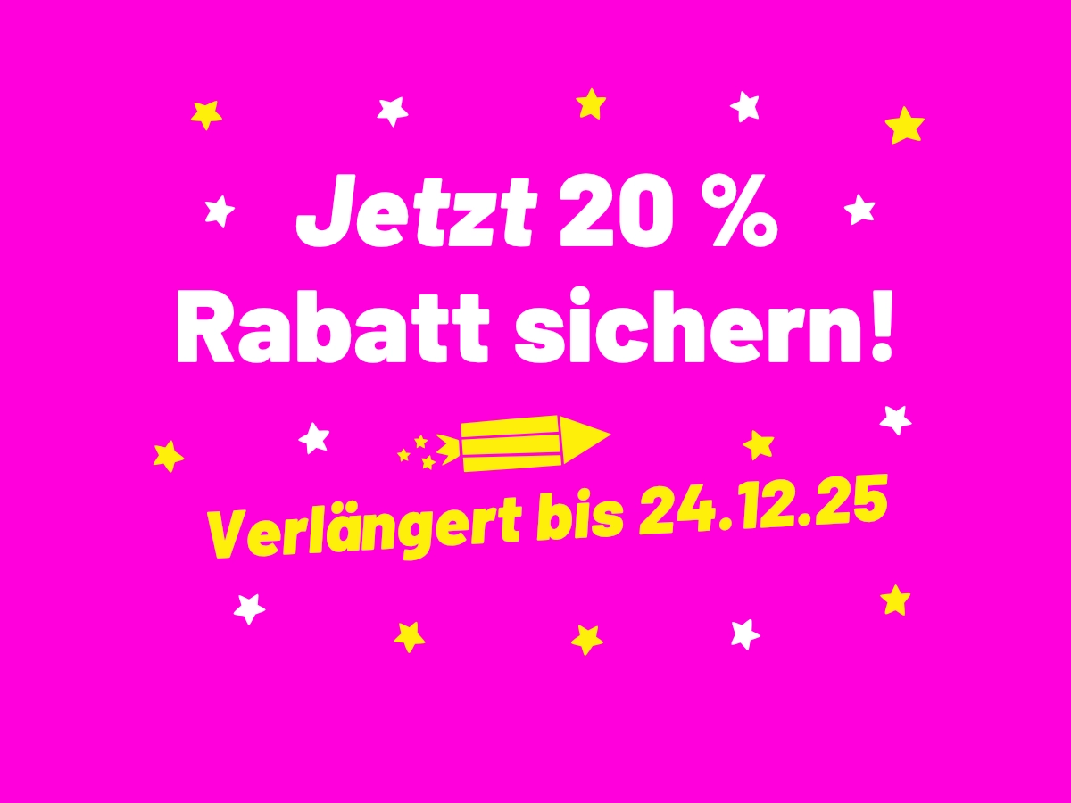 Titelgrafik „20 % Rabatt vom 25.11.2025 bis 24.12.2025“ für die verlängerte Rabattaktion von Fiete Rakete.