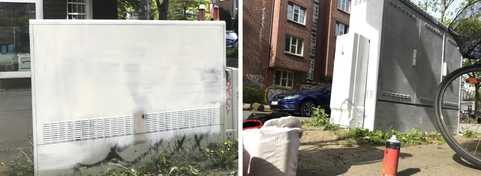 Stromkasten 2 mit aufgetragener weißer Grundierung – Vorbereitung für das farbige Motiv von Fiete Rakete.