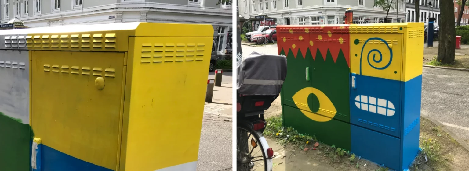 Halbfertig bemalter Stromkasten 2 während des Gestaltungsprozesses – weiße Grundierung, erste Farbfelder und Schablonenarbeit von Fiete Rakete.