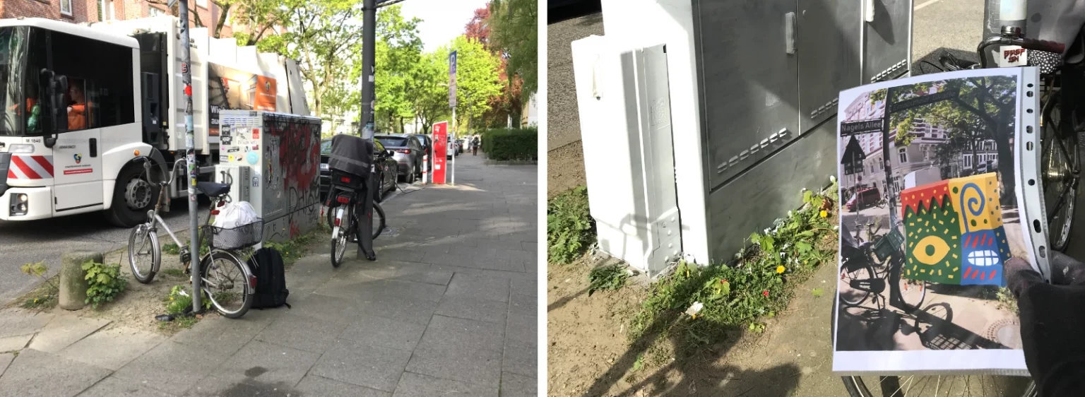 Skizze für Stromkasten 2 – farbiges Motiv von Fiete Rakete, vorbereitet auf Papier für die Umsetzung im öffentlichen Raum.