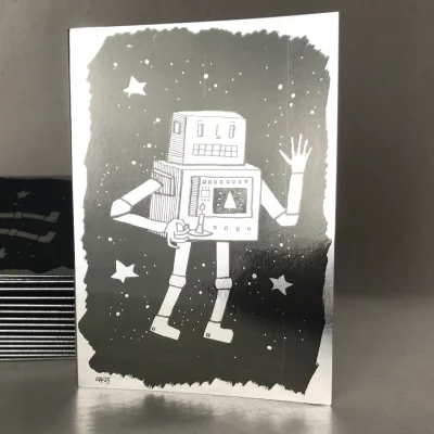 Klappkarte „Silber-Weihnacht“, Roboter-Motiv, metallic-silberne Außenseite, handgefertigt, Serie „Weihnachten“, Fiete Rakete.