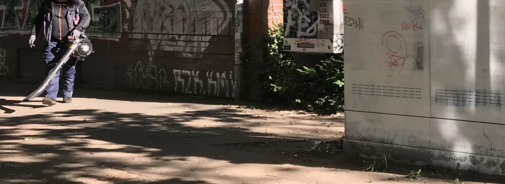 Aufgewirbeltes Laub neben bemaltem Stromkasten im Straßenraum