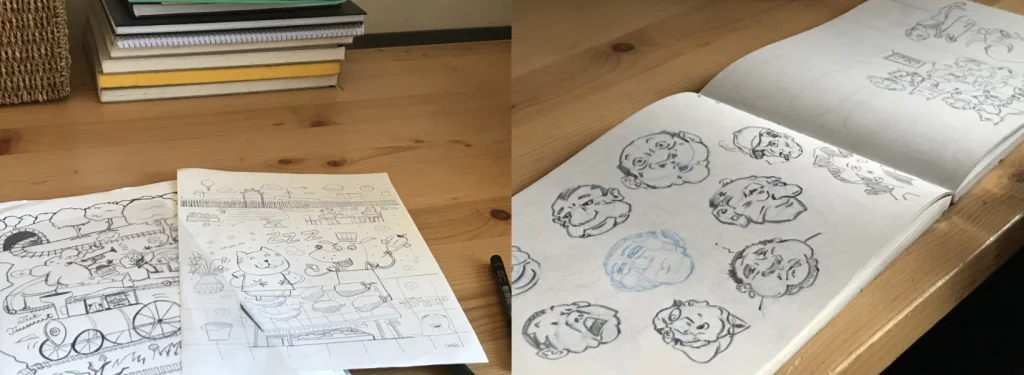 Offenes Skizzenbuch mit Illustration und Stiften im Atelier von Fiete Rakete – kreative Illustrationsideen