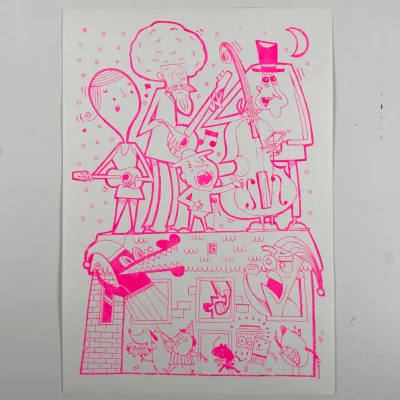 siebdruckposter-nachbar-50x35-fiete-rakete-001 Siebdruckposter „Nachbar“ von Fiete Koch, pinker 1-Farb-Siebdruck auf cremefarbenem Papier im Format 50 × 35 cm.