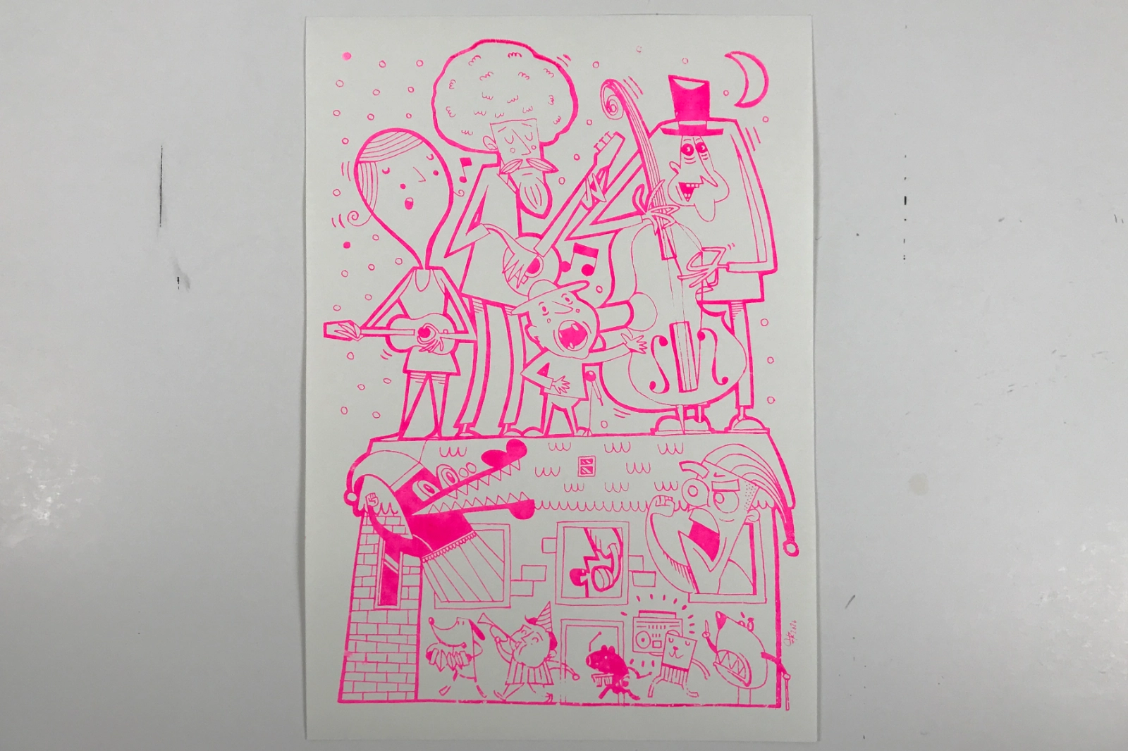 Siebdruckposter „Nachbar“ von Fiete Koch, pinker 1-Farb-Siebdruck auf cremefarbenem Papier im Format 50 × 35 cm.