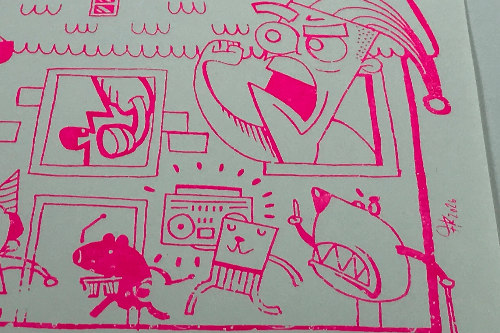 Detail des pinken Siebdruckmotivs „Nachbar“ von Fiete Koch auf hochwertigem 250 g/m² Papier.