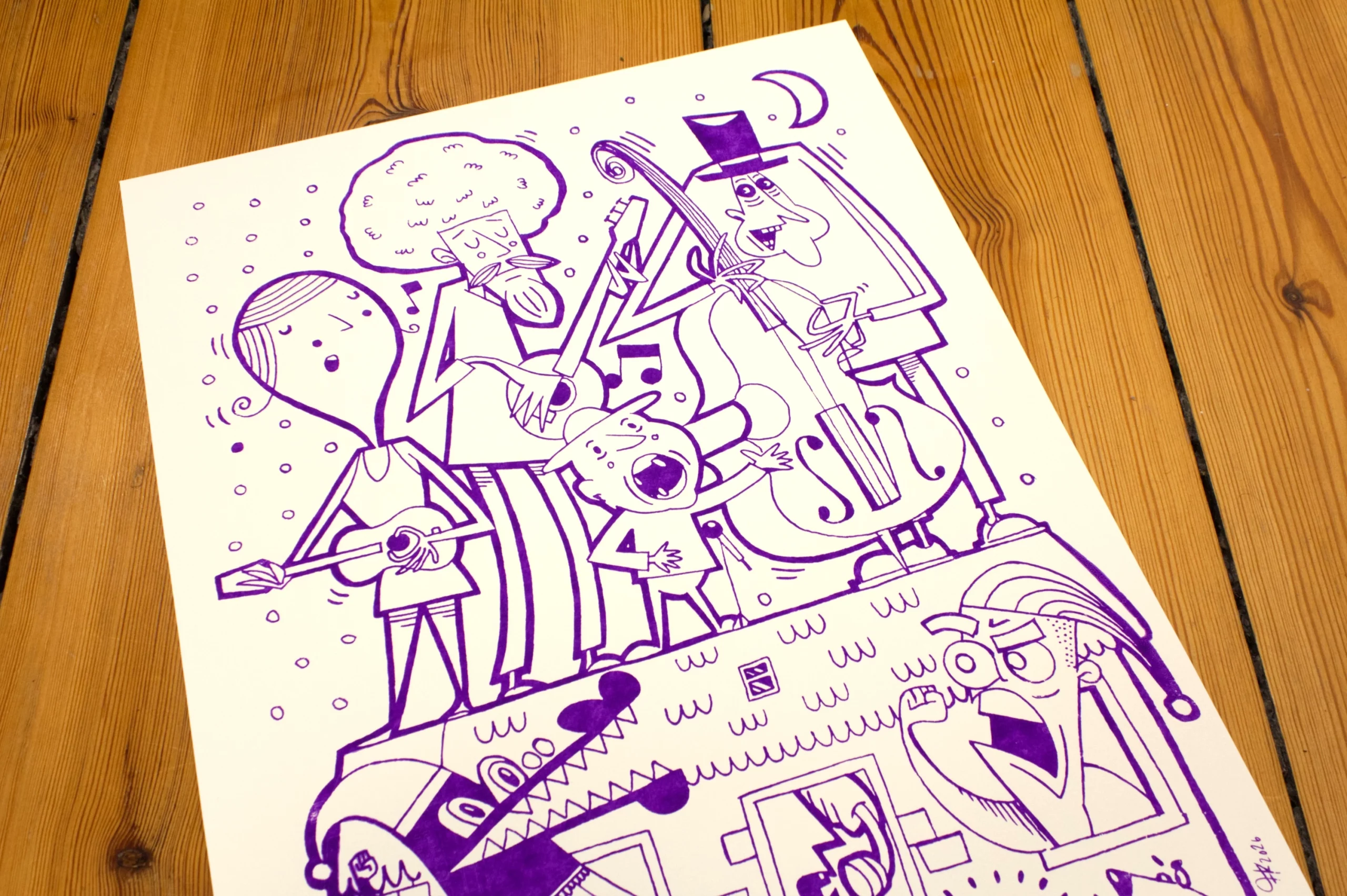 Violettes Siebdruckposter „Nachbar“ im Format 50 × 35 cm