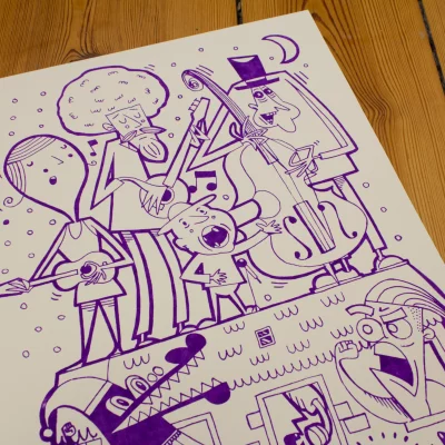 Violettes Siebdruckposter „Nachbar“ im Format 50 × 35 cm.